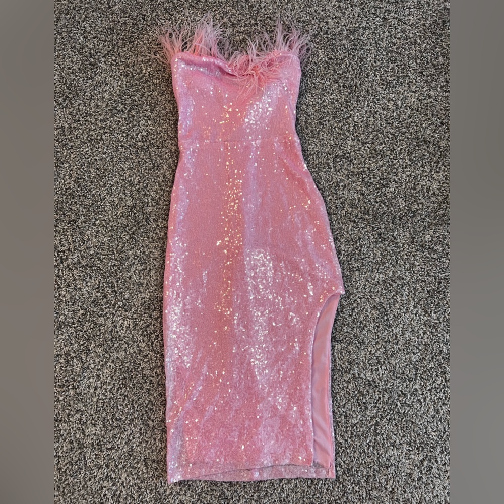 Pink sequin midi dress with feathers lining the strapless top - Picture 1 of 1